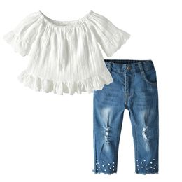 Girl Kids Clothes Set A Word Collar Lace T Shirt Tops Pearl Denim Pants Jean 2pcs Children Clothing Kids Designer Clothes Girls - newred bustier with blue ripped jeans roblox