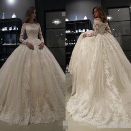 Long Sleeves Ball Dresses Lace Applique Sequins Off the Shoulder Custom Made Tulle Chapel Train Wedding Gown Plus Size