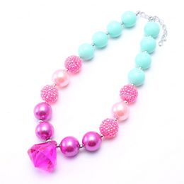 Big Diamond Pendant Kid Chunky Necklace Beautiful Pink+Mint Colour Bubblegum Bead Chunky Necklace Children Jewellery For Toddler Girls