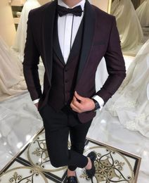 Burgundy Wedding Tuxedos Slim Fit Black Shawl Lapel Suits For Men One Button Groom Suit (Jacket + Pants + Vest +Bow)