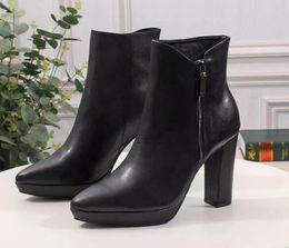 Luxury New SL Womens Half booties Ankle Pointed Toes Ladies High Chunky Heels 10CM Shoes Black Cow Leather Boots With Zip Size 35-42