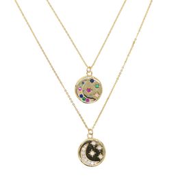 round disco coin necklace gold plated engraved white rainbow cz moon star shooting star design fashion necklaces