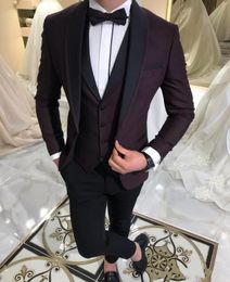 One Button Burgundy Formal Wedding Men Suits Shawl Lapel New Three Pieces Business Groom Tuxedos (Jacket+Pants+Vest+Tie) W923