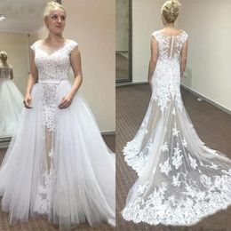 White Lace Wedding Dresses With Tulle Overskirts Sheer Neck Cap Sleeve Sweep Train Bridal Gowns 2019 Summer See Through Wedding Dress