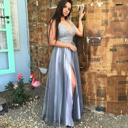Silver Grey Crystal Prom Dresses Deep V Neck A Line Split Long Formal Evening Party Gowns Robes De Soiree