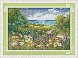 Cliffside path seaside scenery home decor painting ,Handmade Cross Stitch Embroidery Needlework sets counted print on canvas DMC 14CT /11CT