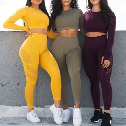 2 piezas gimnasio conjunto de ropa de entrenamiento para mujeres impecable tejido manga larga manga de compresión top + leggings sin fisuras pieza de yoga kg-217