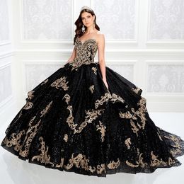 Shining Black Beaded Ball Gown Quinceanera Dresses Sweetheart Neck Lace Appliqued Prom Gowns Sequined Sweep Train Tulle Sweet 15 Dress