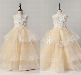Ruffles 3D Flowers Girls Pageant Dresses 2019 Lace Crystal Beaded Three Layers Skirt Flower Girl Dresses First Holy Communion Dress