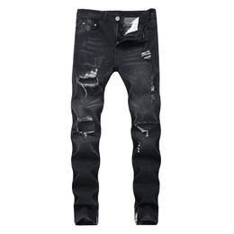 MORUANCLE Fashion Men Destroyed Jeans Pants Hi Street Ripped Denim Trousers With Holes Ankle Zipper Distressed Jeans Size 28-42