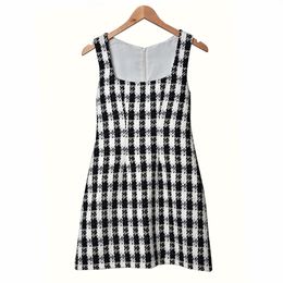 2020 Spring Summer Sleeveless Square Neck Multicolor Houndstooth Print Tweed Short Mini Dress Women Fashion Dresses W1815063