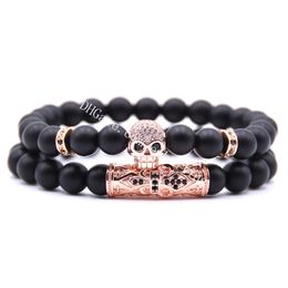 Stylish 8mm Natural Mala Black Onyx Beaded Stretchy Bracelet Set Cubic Zirconia Micro Pave Skull Curved Tube Spacer Beads Charm Bracelet