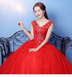 Vestido De Noiva 2020 V-neck Red Beading Backless Quinceanera Dresses Tulle Crystal Ball Gown Elegant Quinceanera Gowns
