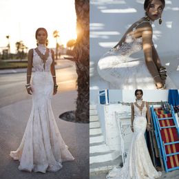 Sexy Mermaid Wedding Dresses High Neck Lace Appliqued Bead Sweep Train Backless Beach Wedding Dress Boho Plus Size Bridal Gowns