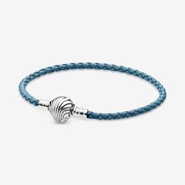 Turquoise Braided Leather Bracelet with 100% 925 Sterling Silver Seashell Clasp