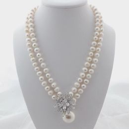 Charming 2strands 7-8mm white freshwater pearl necklace micro inlay zircon accessories shell pendant long 45-48cm