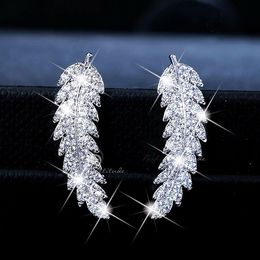 Stud Silver Color Gold Cute Feather With Bling Zircon Stone For Women Earrings Fashion Jewelry Korean 2021