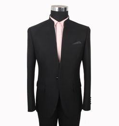 New Fashion One Button Black Groom Tuxedos Stand Collar Men Suits Wedding/Prom/Dinner Best Man Blazer (Jacket+Pants+Tie) W352