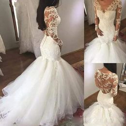 2020 Luxury deep V-neck Mermaid Wedding Dresses White illusion Long Sleeves bridal Gowns Lace Illusion vestido de noiva covered buttons