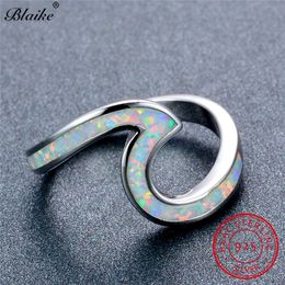 Blaike 100% Solid S925 Sterling Silver Wave Rings For Women Men White/Blue Fire Opal Ring Female Rainbow Birthstone Fine Jewellery