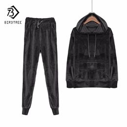 Velvet Tracksuit Two Piece Set Women Sexy Hooded Grey Long Sleeve Top And Pants Bodysuit Suit Runway Fashion 2019 Black D79101 T191019