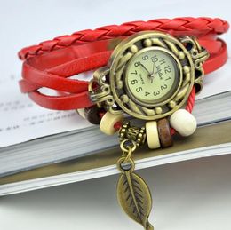 Fashion Vintage Weave rope bracelet watch Platinum indian ethnic Leather Bracelets Timer leaf Tag charm Ladies wristwatch