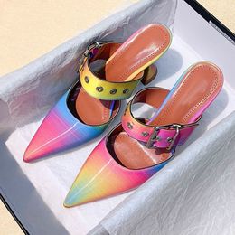 2021 Summer Sexy slipper Women Pointed Toe Pumps Buckle Strap Ladies Mules Shoes Spike High Heels RainbowSize 34-42