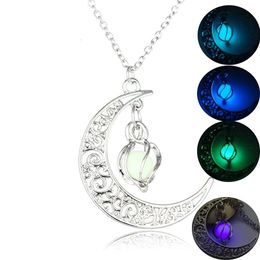 Luna incandescente collana gioielli fascino gemma placcato argento donne 4 colori pietra perline ciondolo collana luminosa vuota regali