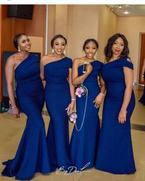 Navy Blue New Sexy Cheap Mermaid Bridesmaid Dresses One Shoulder Long Sweep Train Wedding Party Gowns Formal Gowns Maid Of Honor Dress