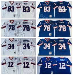 jim kelly jerseys UK - NCAAA Football 12 Jim Kelly 34 Thurman Thomas 78 Bruce Smith Jersey 83 Ander Reed Team Blue White Man Vintage Stitched