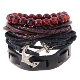 4pcs/set Charm Bracelet Braid Leather Multilayer Vintage Anchor Beads Jewellery for Men Women Fashion DIY Hand Rope Wrap Cuffs Strands Bangles