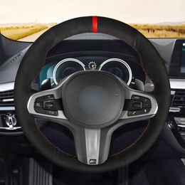Hand sewing custom Black Suede Red Mark Car Steering Wheel Cover for BMW G30 525i 530i 530d M550i M550d 2017 2018 G32 630i 640i