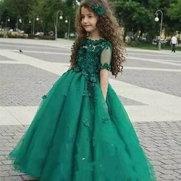 Dark Green Flower Girls Pageant Dress Sheer Short Sleeve Appliques A Line Floor Length Toddler Party Gowns Prom Dress Custom Size