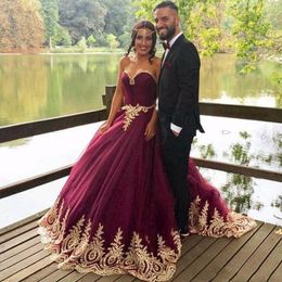Vestidos De Gala New Tulle Gold Appliques Prom Dresses Sweetheart Ball Gown Burgundy Long Evening Party Gowns