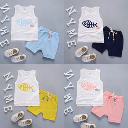 2019 Cool and refreshing style summer cotton round collar Cartoon fish bone pattern with vest and shorts two pieces for boys and girls