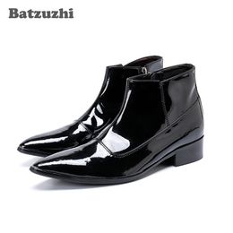 Luxury Men Shoes Pointed Toe Ankle Boots for Men Black Patent Leather Botas Hombre Formal Business Boots Leather Botas