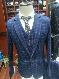 Custom Designe Blue Plaid Groom Tuxedos Notch Lapel Groomsmen Men Wedding Dress Fashion Man Jacket Blazer Suit(Jacket+Pants+Vest+Tie)1071
