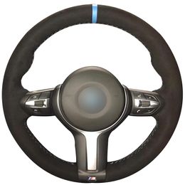 Hand sewing custom Black Suede Light Blue Marker Steering Wheel Cover for BMW M4 M5 F12 F13 M6 F85 X5 M F86