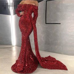 Sparkle Rose Red Sequined Mermaid evening Dresses strapless long sleeves Full Sleeves Off The Shoulder Long Prom Gowns Sexy Formal Dress