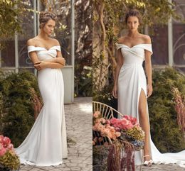 Graceful Off Shoulder Sheath Wedding Dresses Sexy 2020 High Sit Split Boho Beach Garden Bridal Gowns Sweep Train robes de mariée AL4639