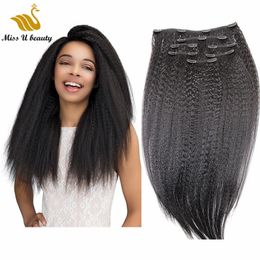 Kinky Straight Clip in Hair Extensions Virgin Remy HumanHair Natural Black Colour Dyeable Bleachable 100gram 7 Pieces