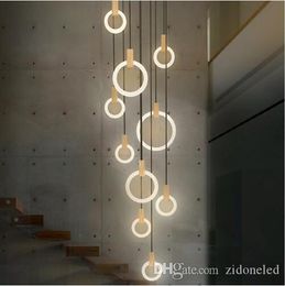 Lampadario a LED in legno contemporaneo Illuminazione Anelli acrilici Led Droplighs Illuminazione scale 3/5/6/7/10 Anelli Apparecchio di illuminazione per interni