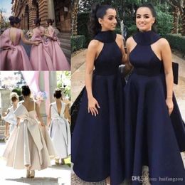 Stylish High Neck Bridesmaid Dresses 2020 Backless Ruffles Cocktail Dress With Big Bow Ankle Length Prom Dresses Custom Made