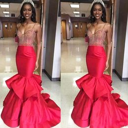 Sexy Red Evening Dresses Mermaid Spaghetti Tiered Long Formal Special Occasion Beaded Top Prom Party Gowns