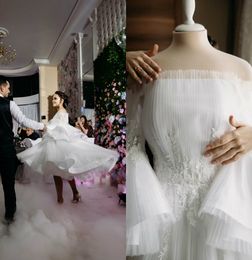 2020 Bohemian New Arrival Long Sleeve A Line Wedding Dresses Off Shoulder Tulle Lace Applique Bridal Gowns Button Tea Length Wedding Gowns