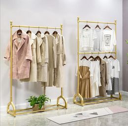 Gold clothing store iron clothing rack Commercial Furniture men's and women's wedding dress floor hanger metal double layer adjustable hangers