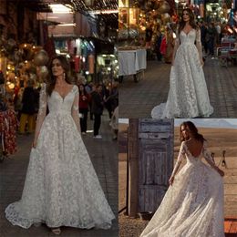 Elegant A Line Wedding Dresses V-neck Full Appliqued Lace Wedding Gown Custom Made Sexy Backless Long Sleeve Sweep Train Vestidos De Novia
