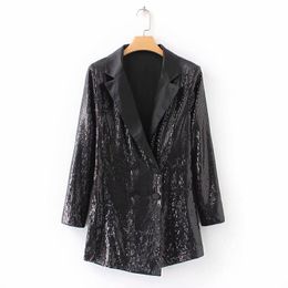 Women Black Sequin Blazer Playsuits Double Breasted Coverall Long Sleeve Shiny Jumpsuit Female Casual Romper Overalls Suit Y190502