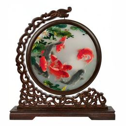 Chinese Antique Home Decor Ornaments Office Accessories Decoration Desk Crafts Silk Hand Embroidery Patterns with Wenge Frame Wedding Gift