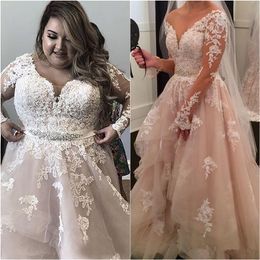 Crystals Lace Arabic Plus Size Wedding Dresses V-neck Long Sleeves Tiers Bridal Dresses Wed Vintage Sexy Wedding Gowns vestido de noiva